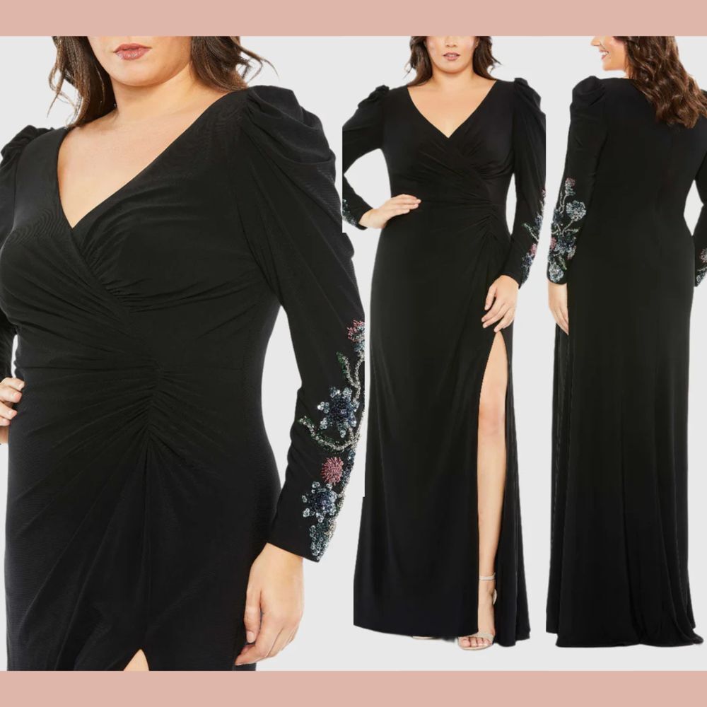 NEW MAC DUGGAL [ 20W‎ ] 68123 Embellished Long Sleeve Faux Wrap Gown Black